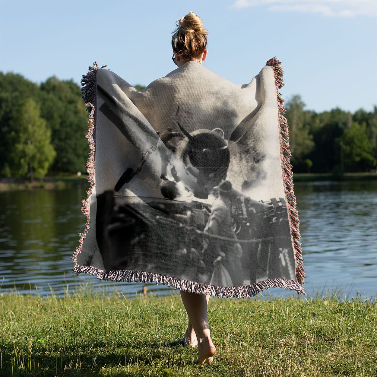 Vintage Plane Crash Photo Woven Blanket Held on a Woman's Back Outside