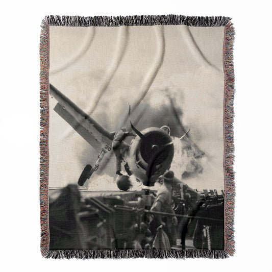 Vintage Plane Crash Photo woven throw blanket, made of 100% cotton, featuring a soft and cozy texture with a WWII black and white theme for home decor.