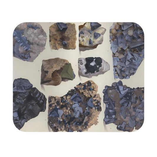 Vintage Rocks and Crystals Mouse Pad with purple and gray art, desk and office decor showcasing vintage crystal designs.