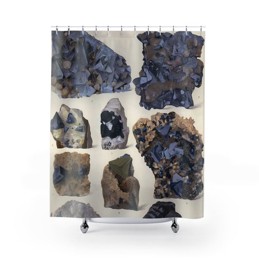 Vintage Rocks and Crystals Shower Curtain with purple and gray design, classic bathroom decor featuring vintage crystal themes.