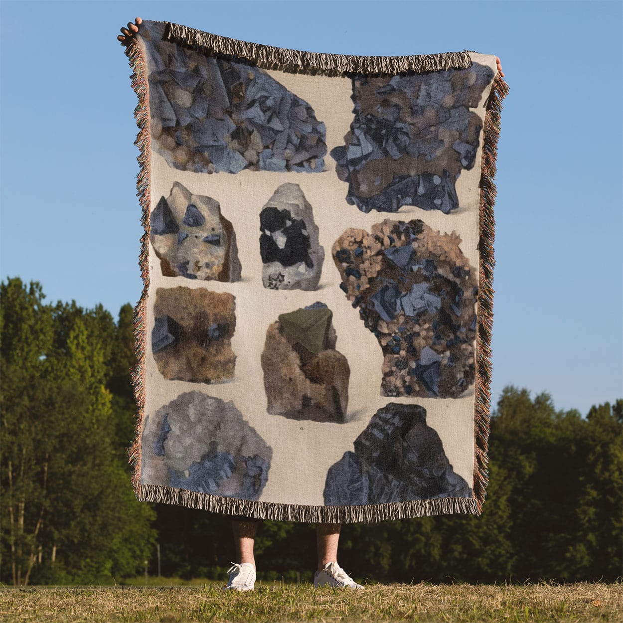 Vintage Rocks and Crystals Woven Blanket Held Up Outside