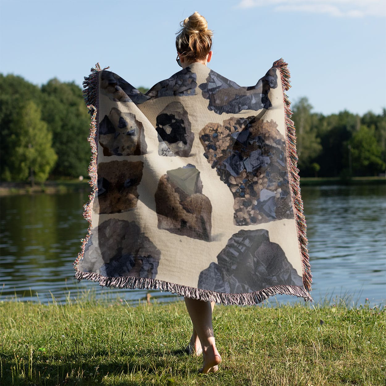 Vintage Rocks and Crystals Woven Blanket Held on a Woman's Back Outside
