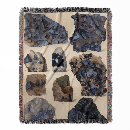Vintage Rocks and Crystals woven throw blanket, made with 100% cotton, featuring a soft and cozy texture with purple and gray designs for home decor.