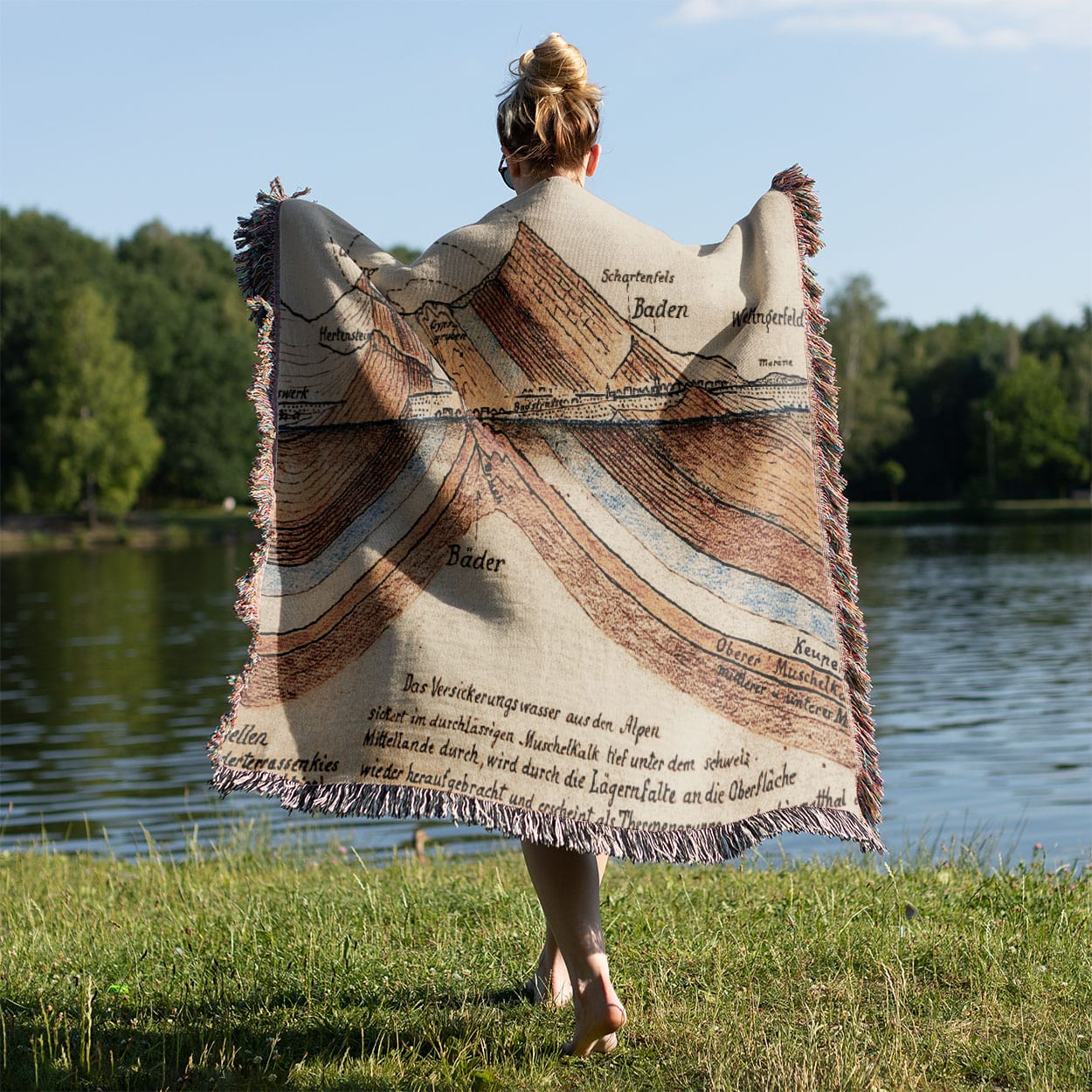 Vintage Scientific Woven Blanket Held on a Woman's Back Outside