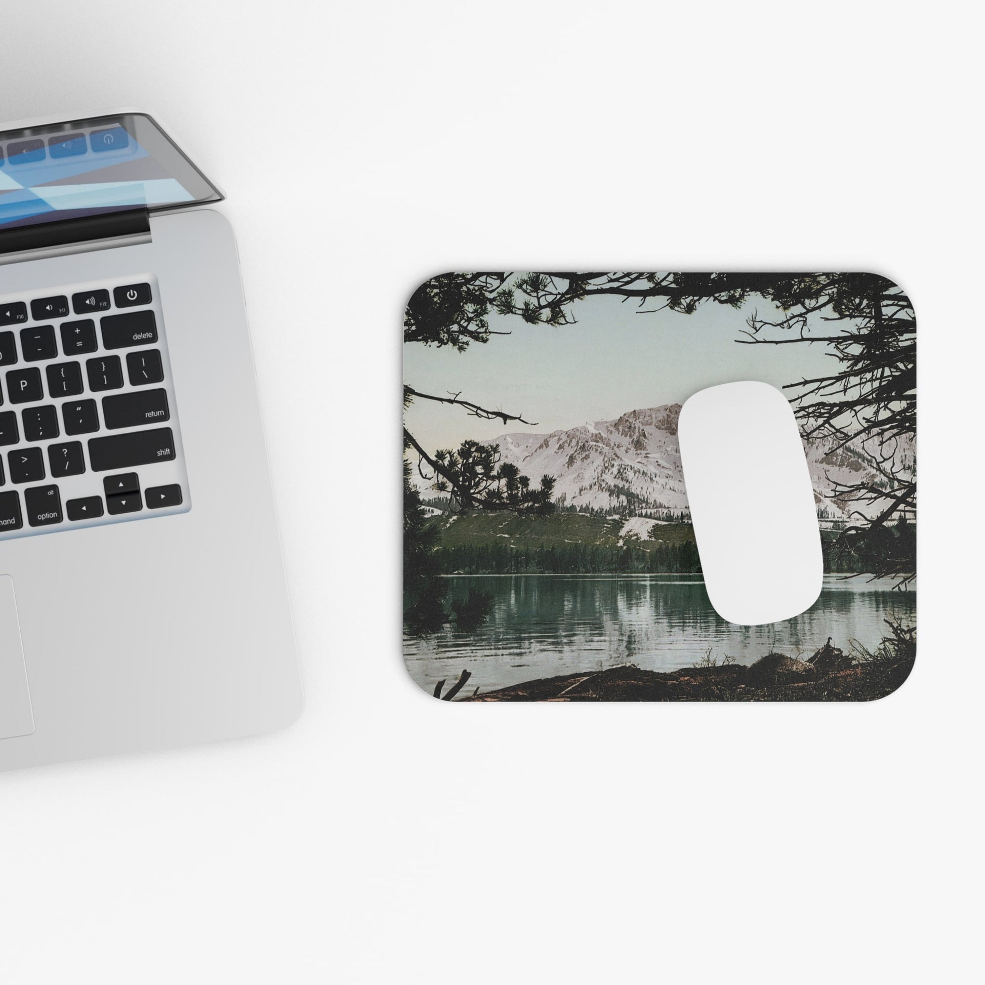 Vintage Snowy Mountains Design Laptop Mouse Pad with White Mouse