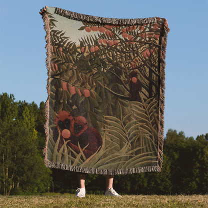 Vintage Tropical Woven Blanket Held Up Outside