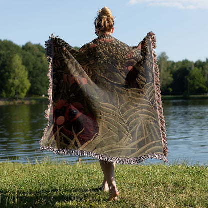 Vintage Tropical Woven Blanket Held on a Woman's Back Outside
