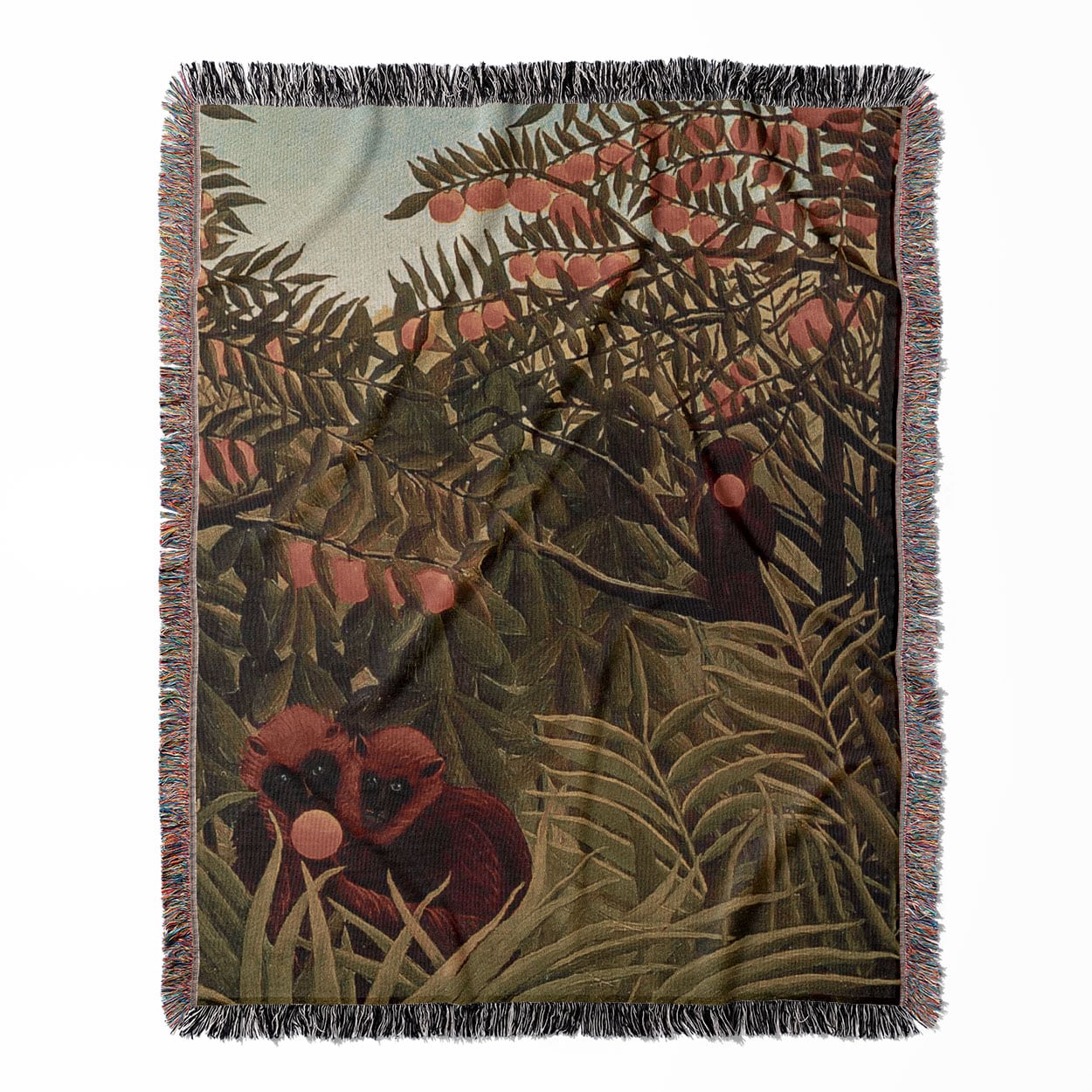 Vintage Tropical woven throw blanket, made of 100% cotton, featuring a soft and cozy texture with wild apes for home decor.