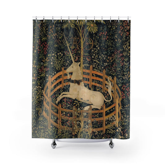 Vintage Unicorn Shower Curtain with mythical creature design, whimsical bathroom decor featuring unicorn themes.
