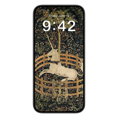 Vintage Unicorn phone wallpaper background with mythical creature design shown on a phone lock screen, instant download available.