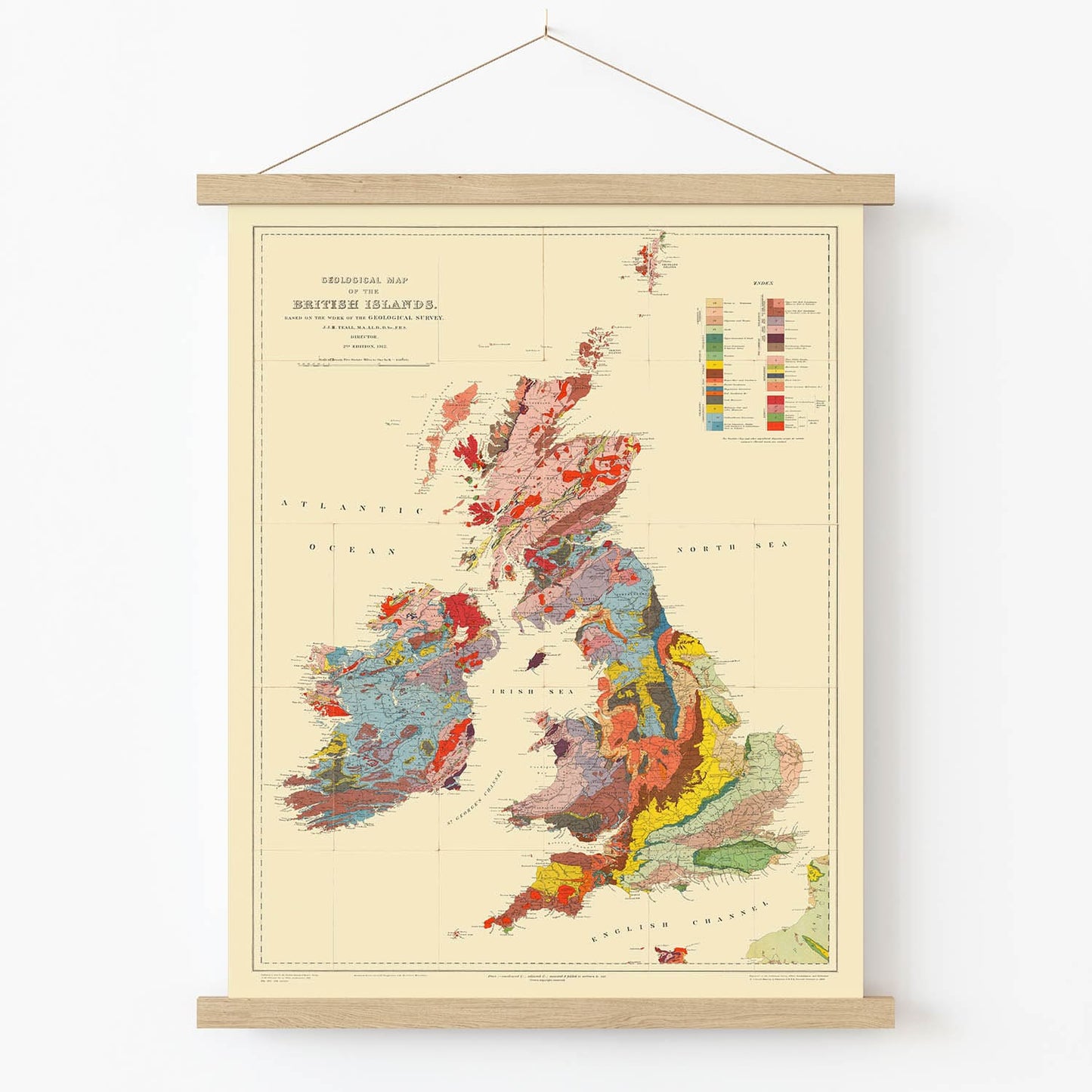 Vintage United Kingdom Map Art Print in Wood Hanger Frame on Wall