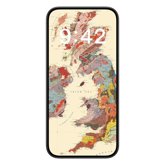 Vintage United Kingdom Map phone wallpaper background with colorful maps design shown on a phone lock screen, instant download available.