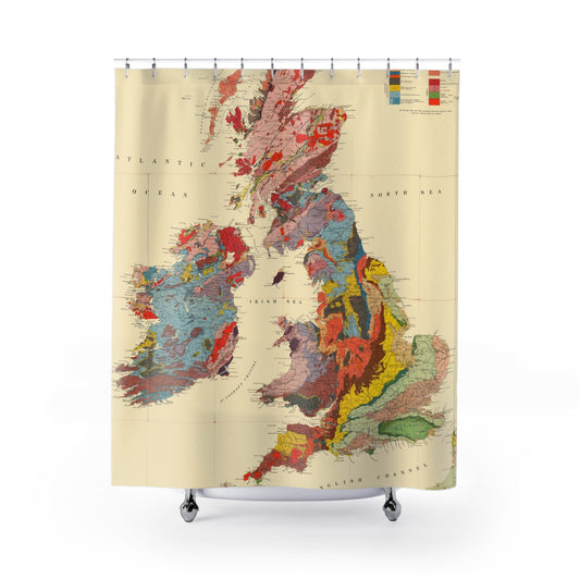 Vintage United Kingdom Map Shower Curtain with colorful maps design, historical bathroom decor featuring detailed UK maps.
