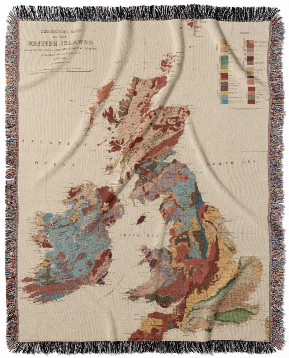 Vintage United Kingdom Map woven throw blanket, made of 100% cotton, featuring a soft and cozy texture with colorful maps for home decor.