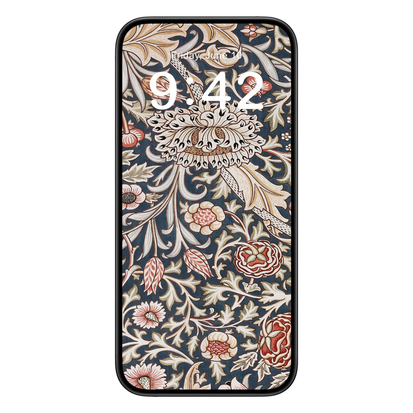Vintage Wallpaper phone wallpaper background with william morris design shown on a phone lock screen, instant download available.