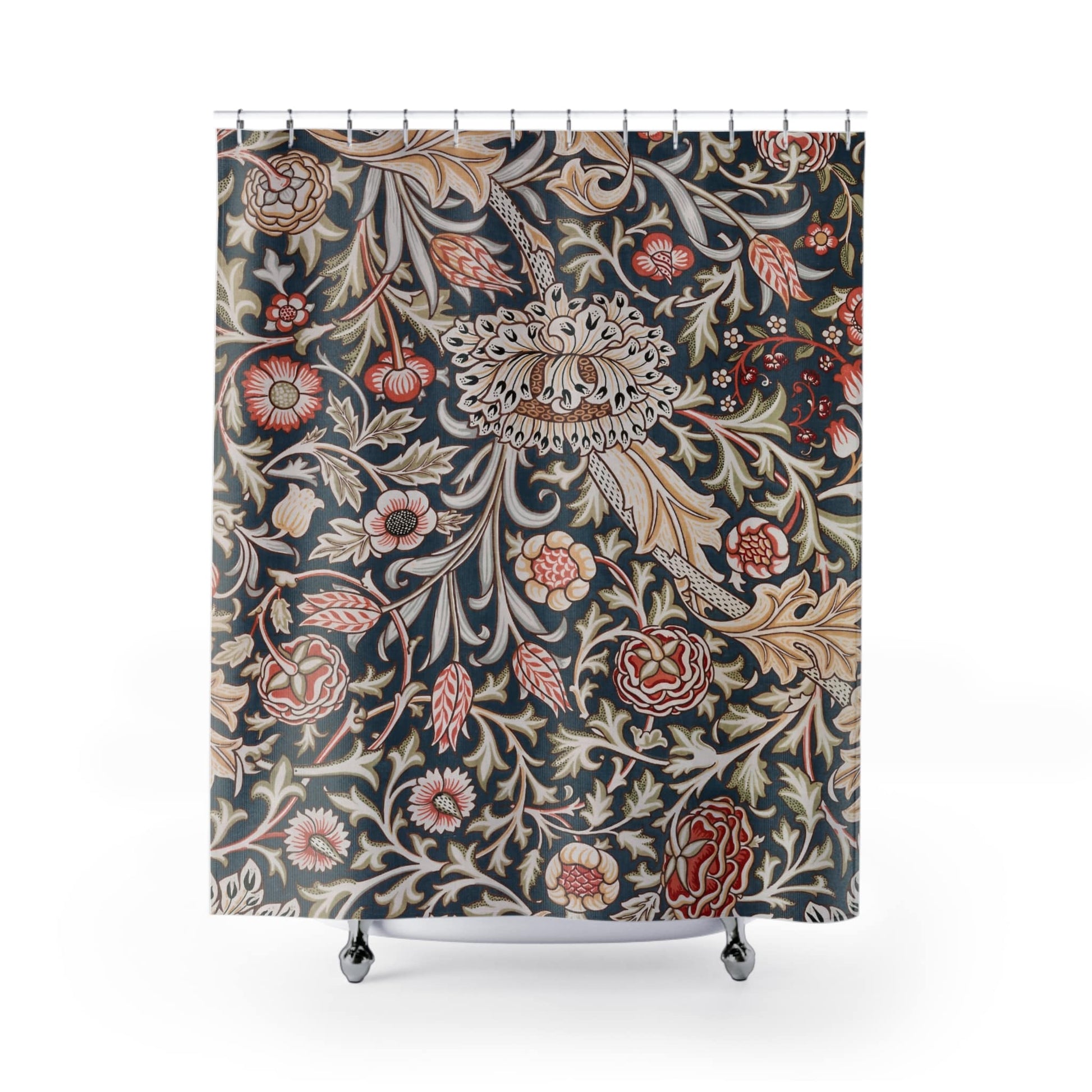 Vintage Wallpaper Shower Curtain with William Morris design, classic bathroom decor showcasing Morris's iconic patterns.