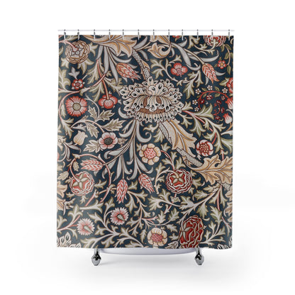 Vintage Wallpaper Shower Curtain with William Morris design, classic bathroom decor showcasing Morris's iconic patterns.