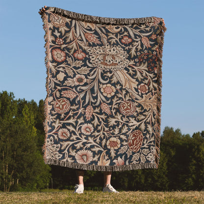 Vintage Wallpaper Woven Blanket Held Up Outside