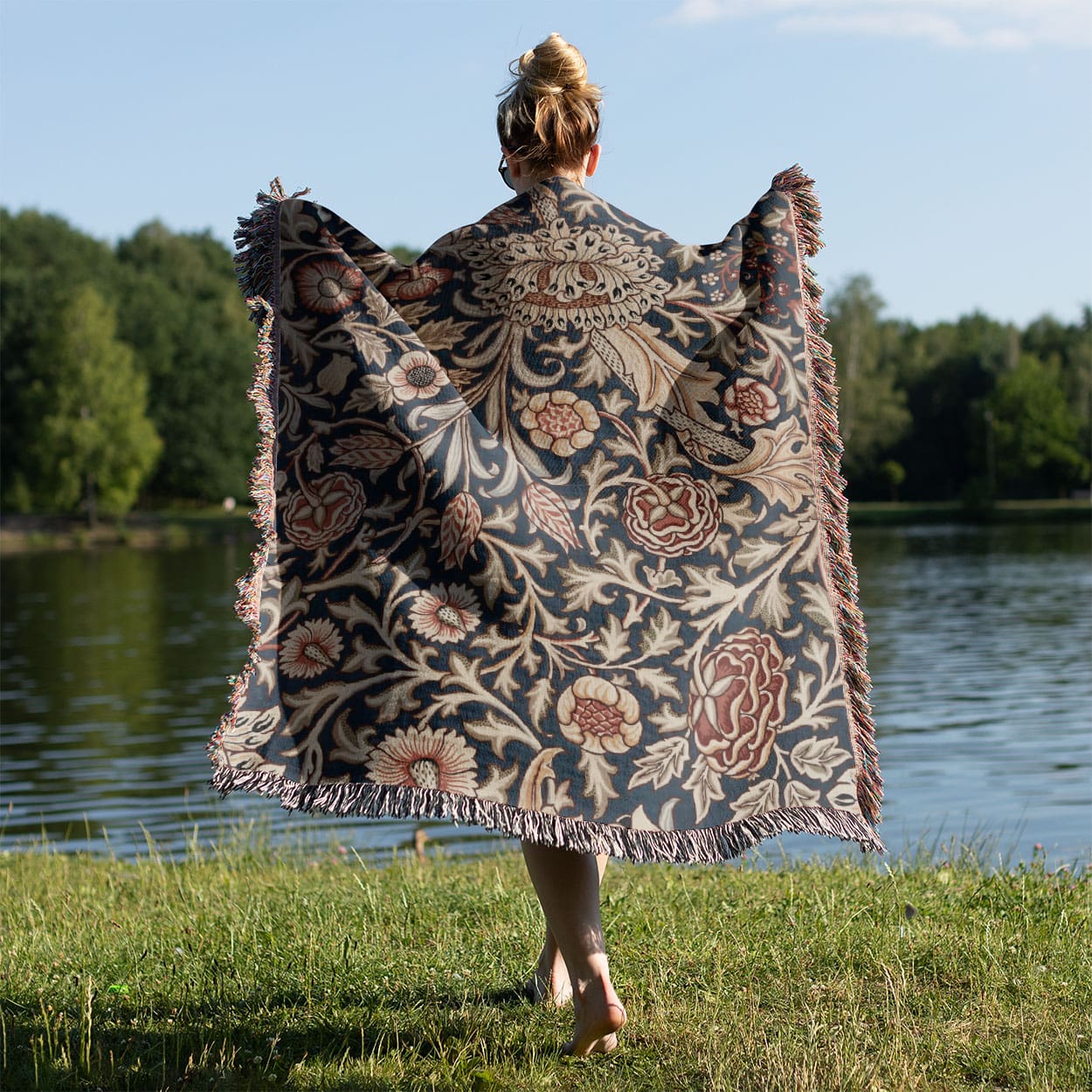 Vintage Wallpaper Woven Blanket Held on a Woman's Back Outside