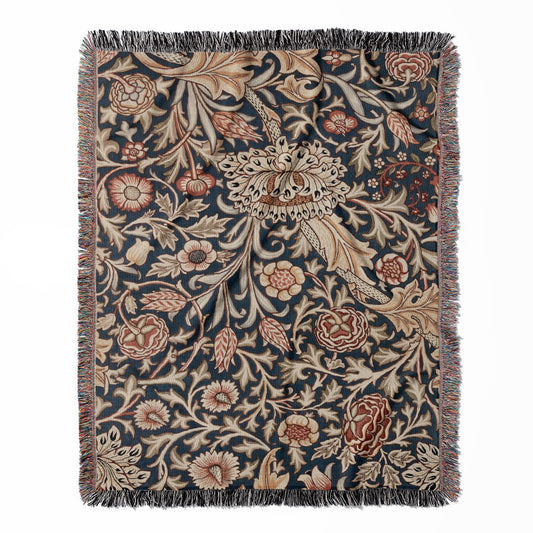 Vintage Wallpaper woven throw blanket, made of 100% cotton, providing a soft and cozy texture with a William Morris plants design for home decor.