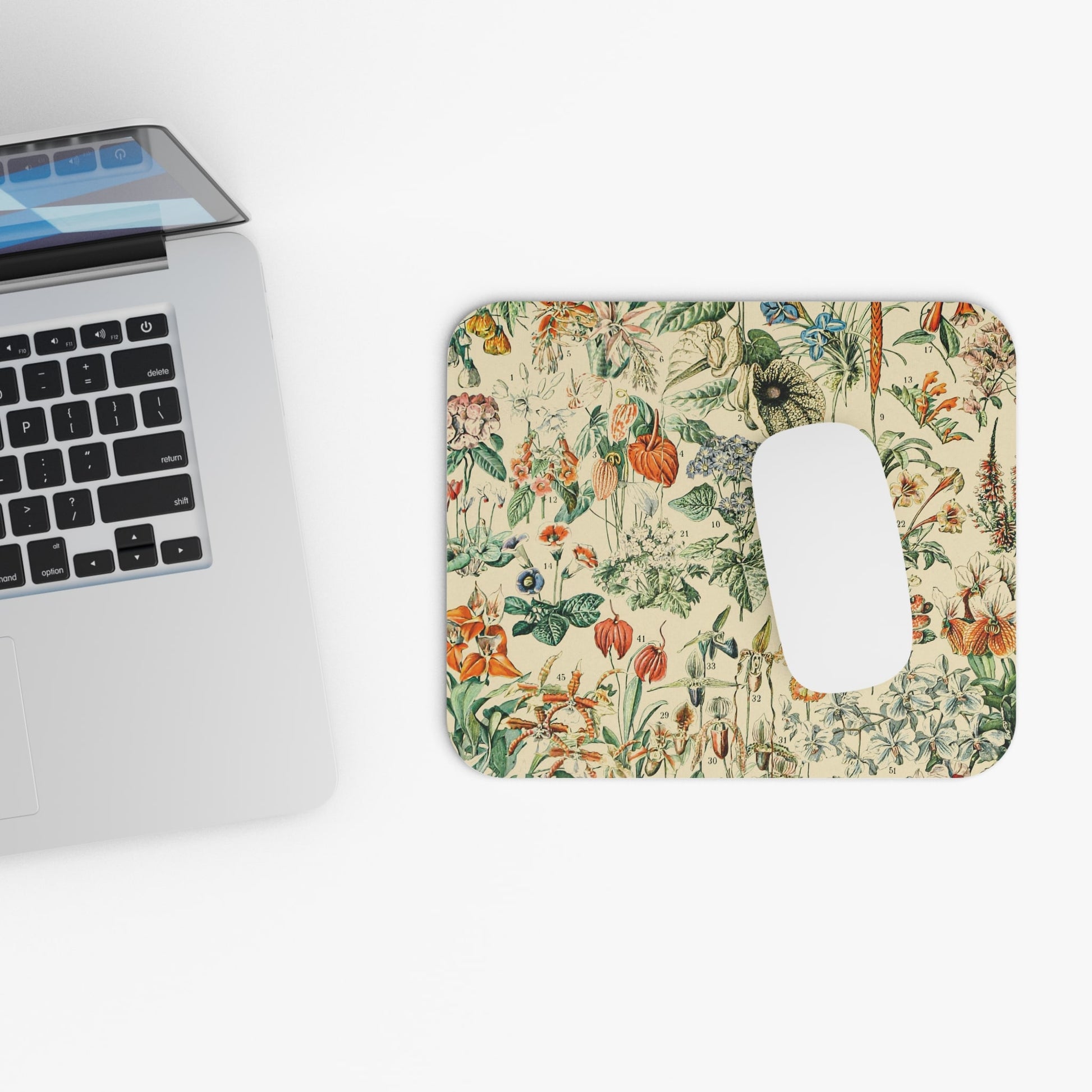 Vintage Wildflower and Plants Design Laptop Mouse Pad with White Mouse