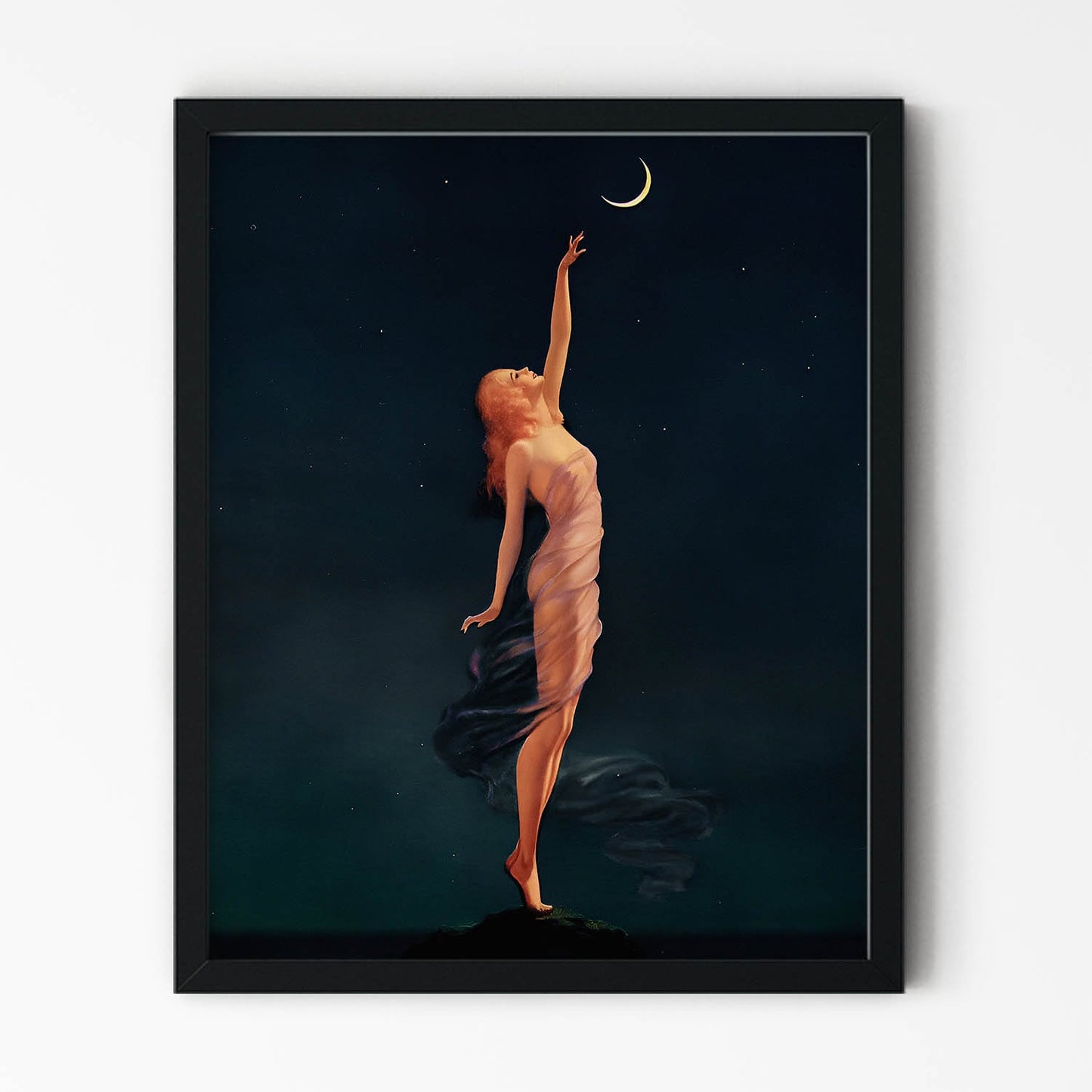 Woman in a Sheer Dress Reaching to a Crescent Moon Painting in Black Picture Frame
