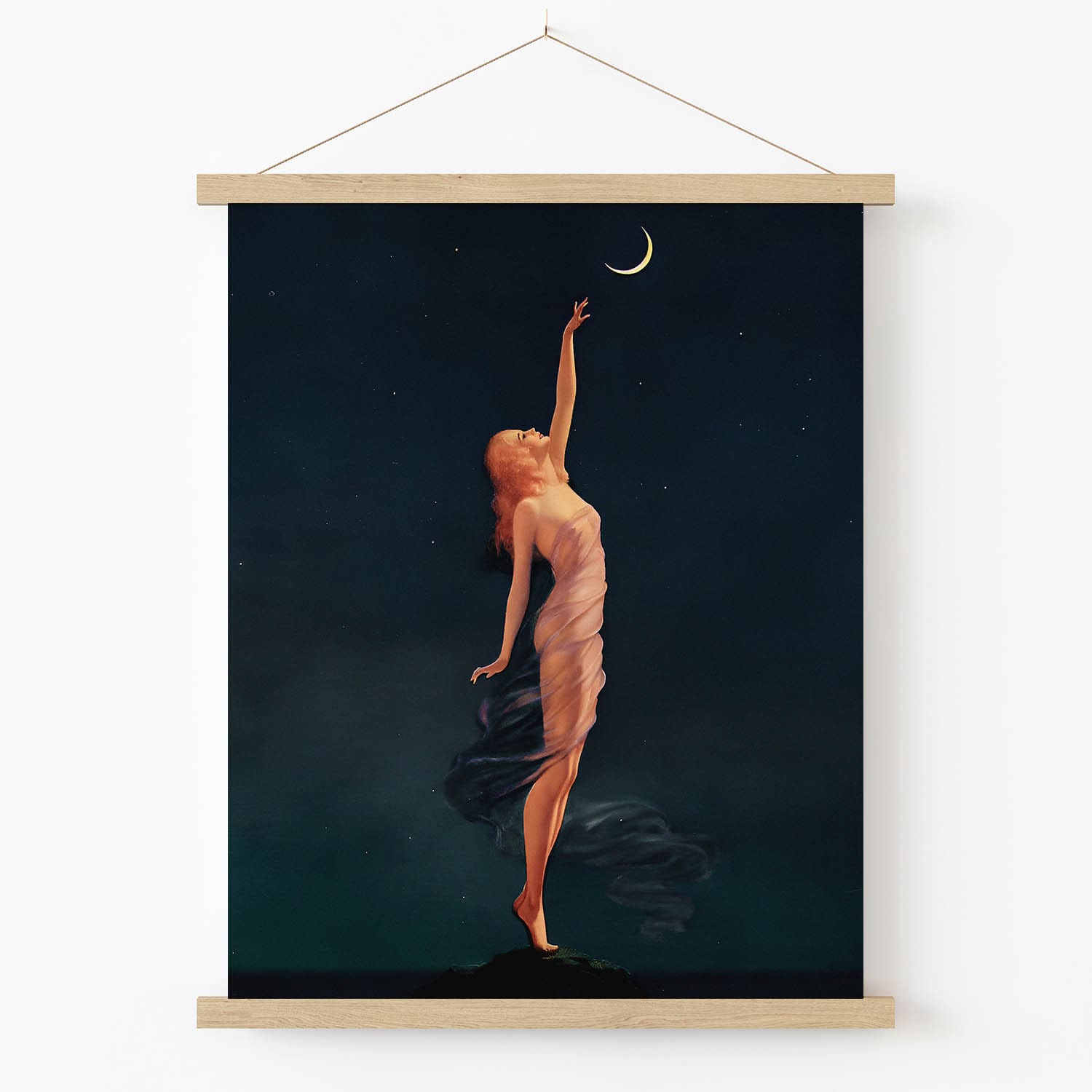 Woman in a Sheer Dress Reaching to a Crescent Moon Art Print in Wood Hanger Frame on Wall