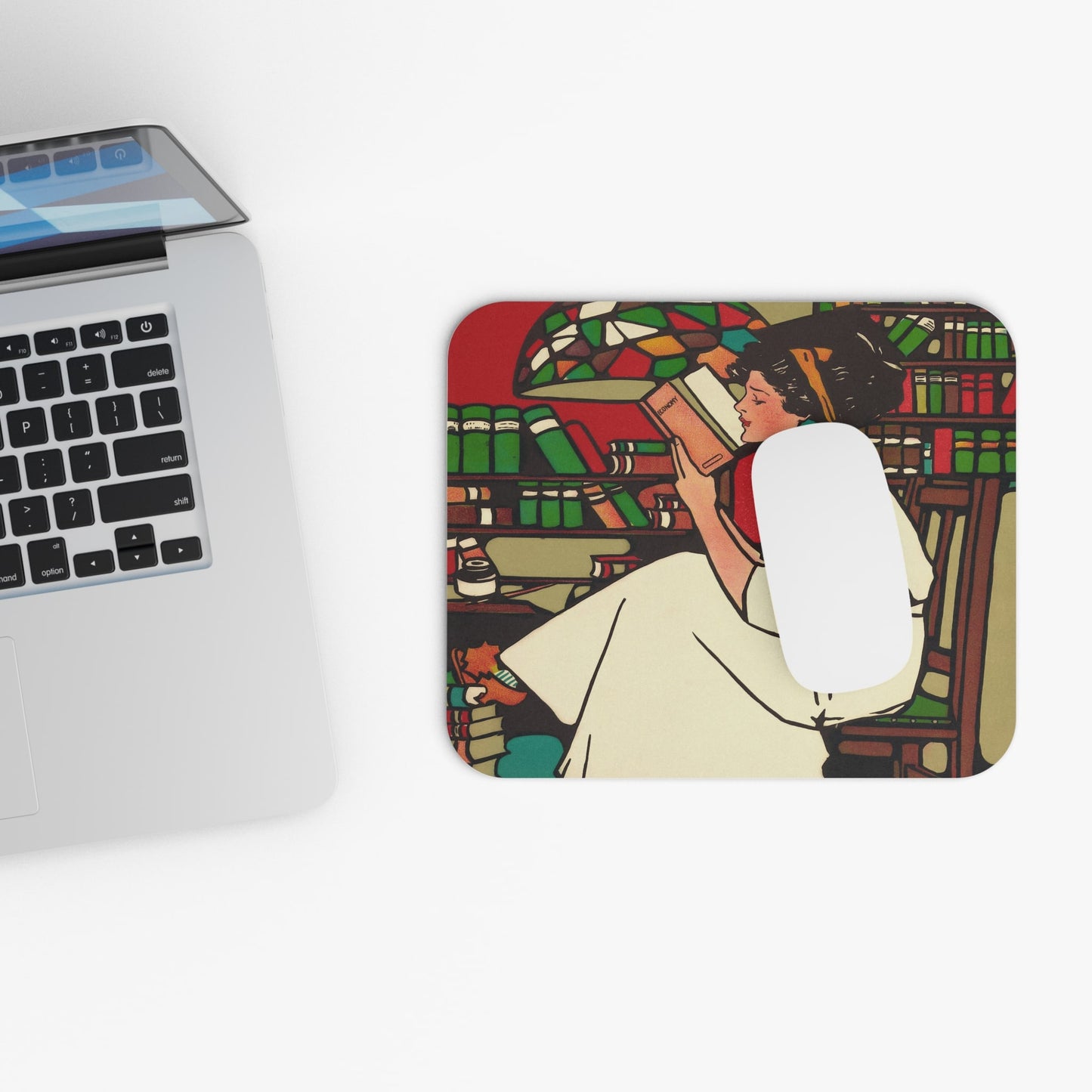 Vintage Woman Reading Design Laptop Mouse Pad with White Mouse