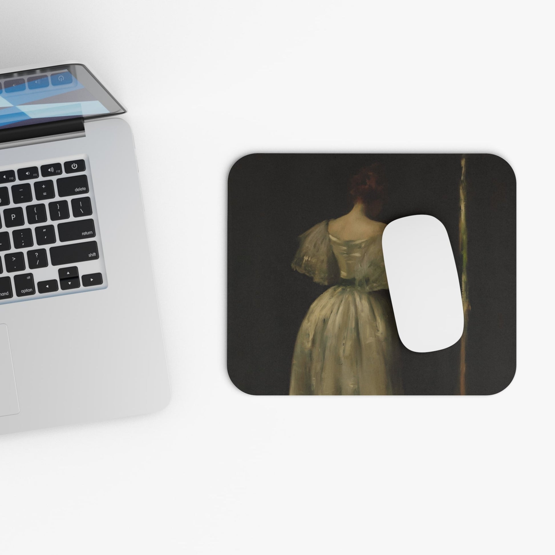 Vintage Woman in a White Dress Design Laptop Mouse Pad with White Mouse
