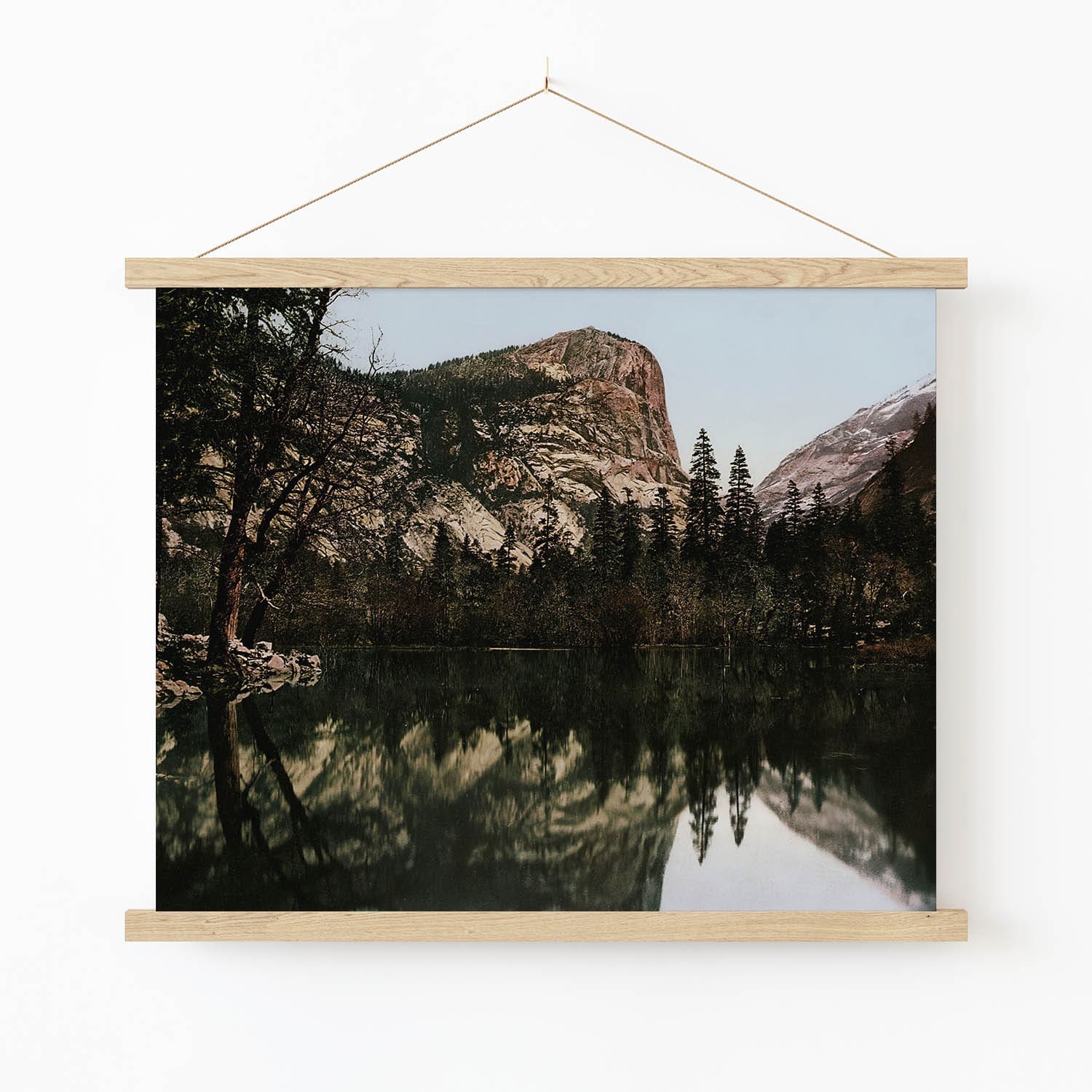 Mt. Watkins and Half Dome Art Print in Wood Hanger Frame on Wall