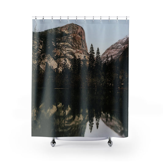 Yosemite National Park Shower Curtain with Mirror Lake design, nature-inspired bathroom decor featuring iconic Yosemite views.