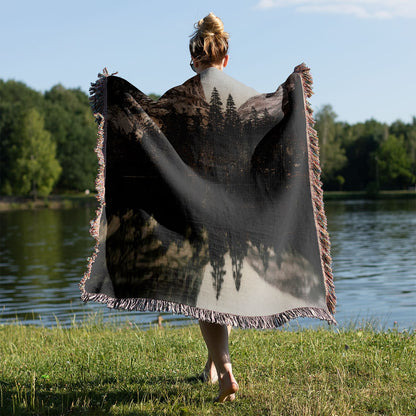 Vintage Yosemite National Park Woven Blanket Held on a Woman's Back Outside