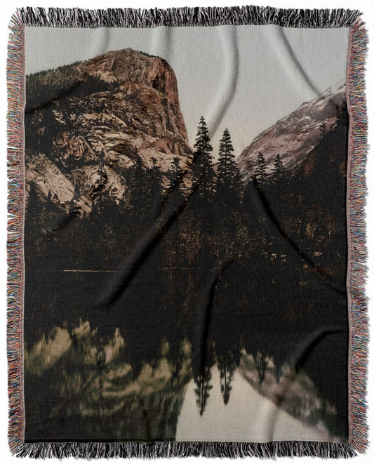 Vintage Yosemite National Park woven throw blanket, made with 100% cotton, providing a soft and cozy texture with a Mirror Lake theme for home decor.