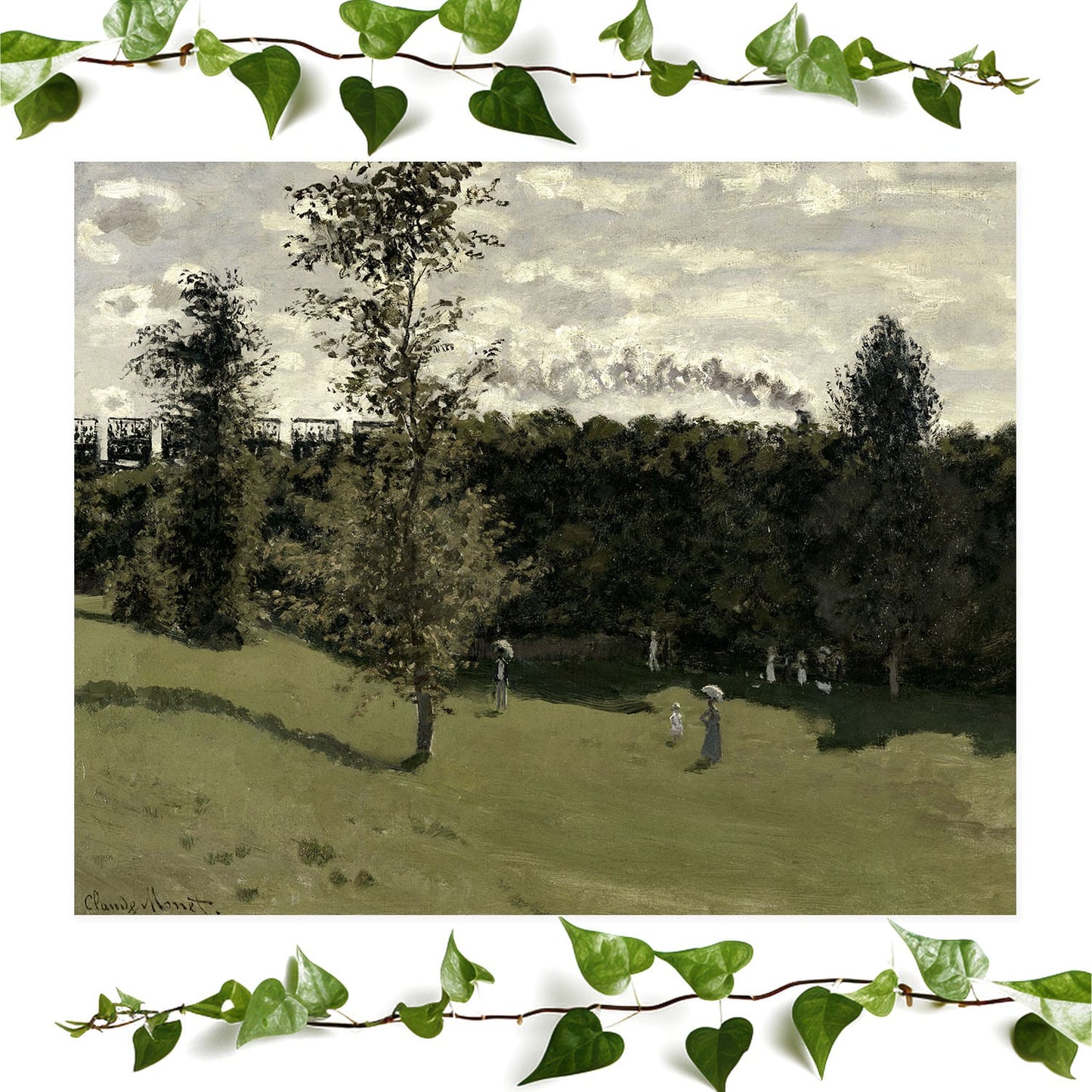 Sage Green Landscape art print country train, vintage wall art room decor