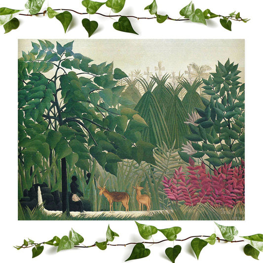 Jungle art print tropical waterfall, vintage wall art room decor