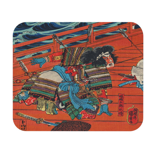Warrior on a Boat Mouse Pad with woodblock art, desk and office decor featuring traditional Japanese warrior illustrations.