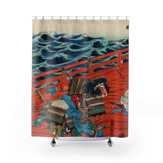 Warrior on a Boat Shower Curtain with woodblock design, cultural bathroom decor showcasing traditional Japanese art.