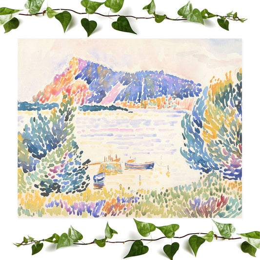 Tranquil watercolor landscape art print, perfect for vintage wall art decor.