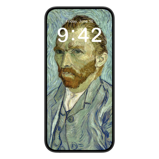 Van Gogh Self Portrait phone wallpaper background with eclectic design shown on a phone lock screen, instant download available.
