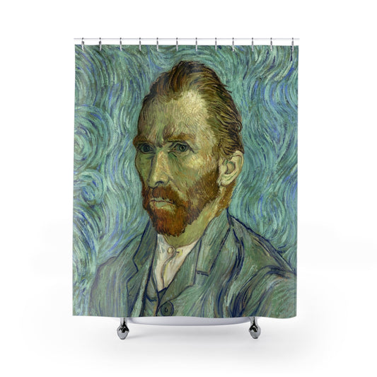 Van Gogh Self Portrait Shower Curtain with eclectic design, artistic bathroom decor featuring Van Gogh's famous self-portrait.