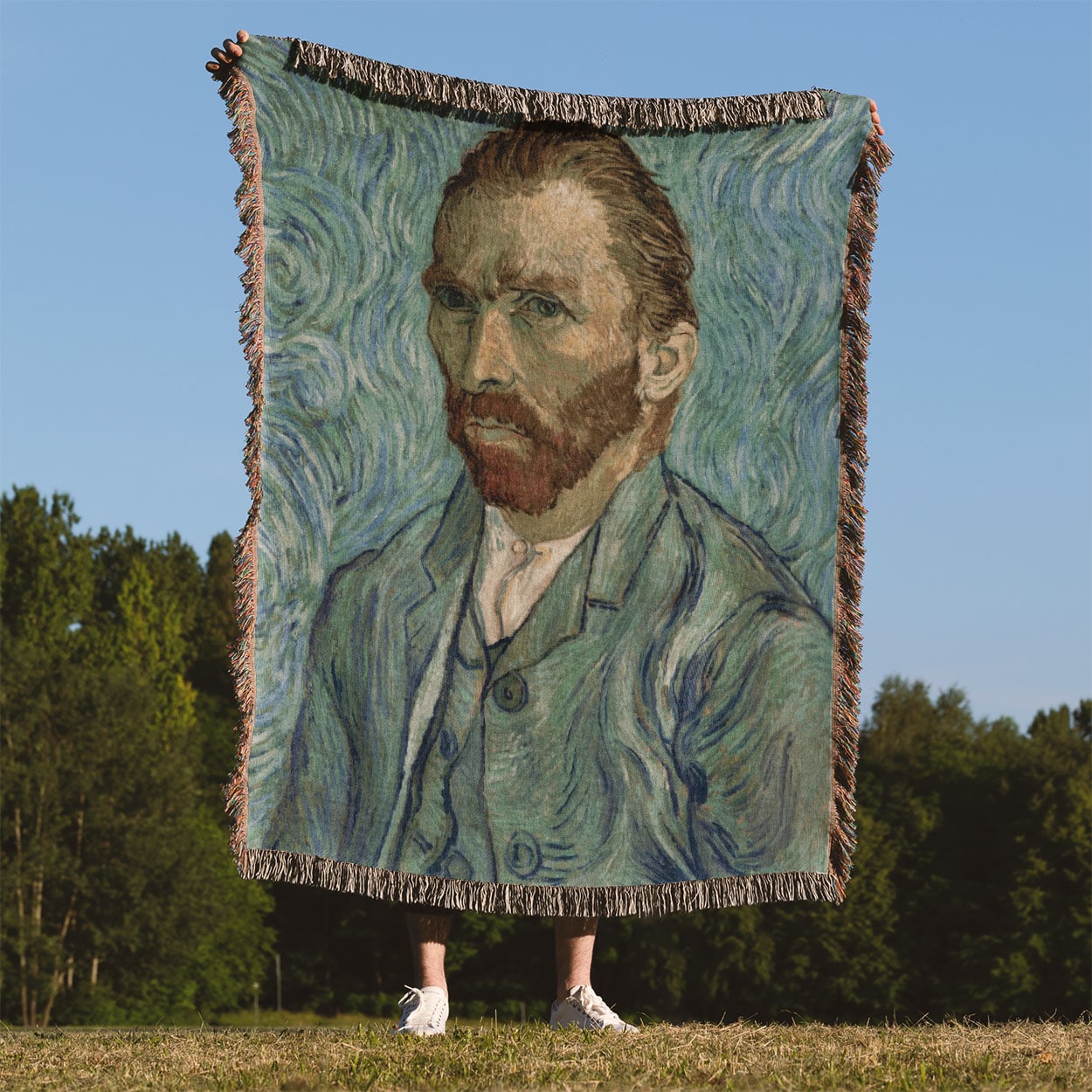 Weird and Fun Woven Blanket Held Up Outside