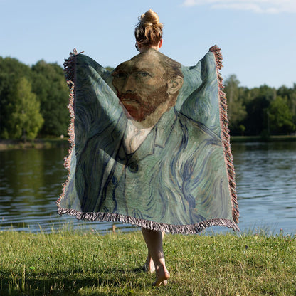 Weird and Fun Woven Blanket Held on a Woman's Back Outside