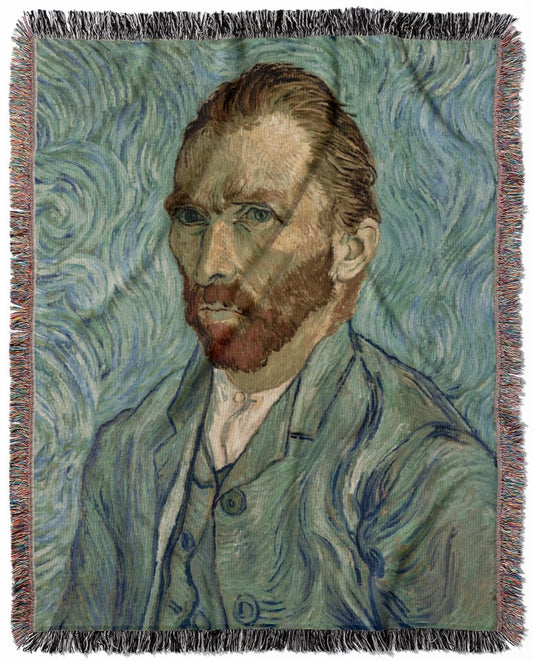 Van Gogh Self Portrait woven throw blanket, made with 100% cotton, providing a soft and cozy texture with an eclectic theme for home decor.