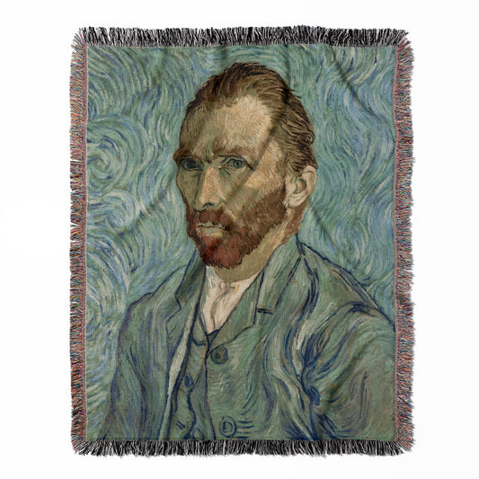 Van Gogh Self Portrait woven throw blanket, made with 100% cotton, providing a soft and cozy texture with an eclectic theme for home decor.