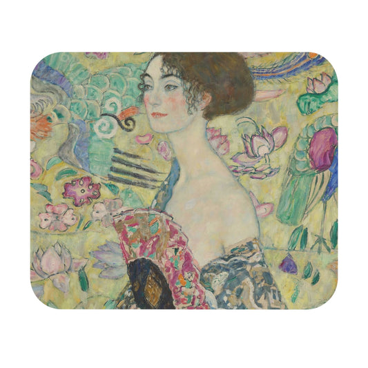Whimsical Mouse Pad featuring a lady with fan theme, enhancing desk and office decor.