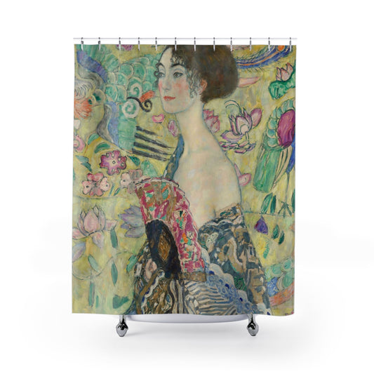 Whimsical Shower Curtain with lady with fan design, playful bathroom decor featuring charming Victorian themes.