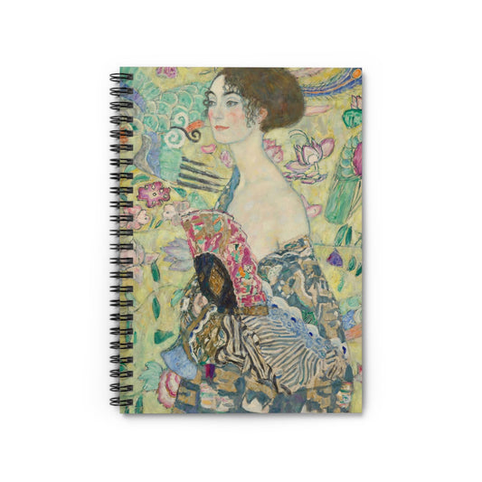 Whimsical Notebook with Lady with Fan cover, ideal for journaling and planning, featuring a whimsical illustration of a lady with a fan.