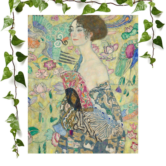 Whimsical art prints featuring a lady with fan, vintage wall art room decor