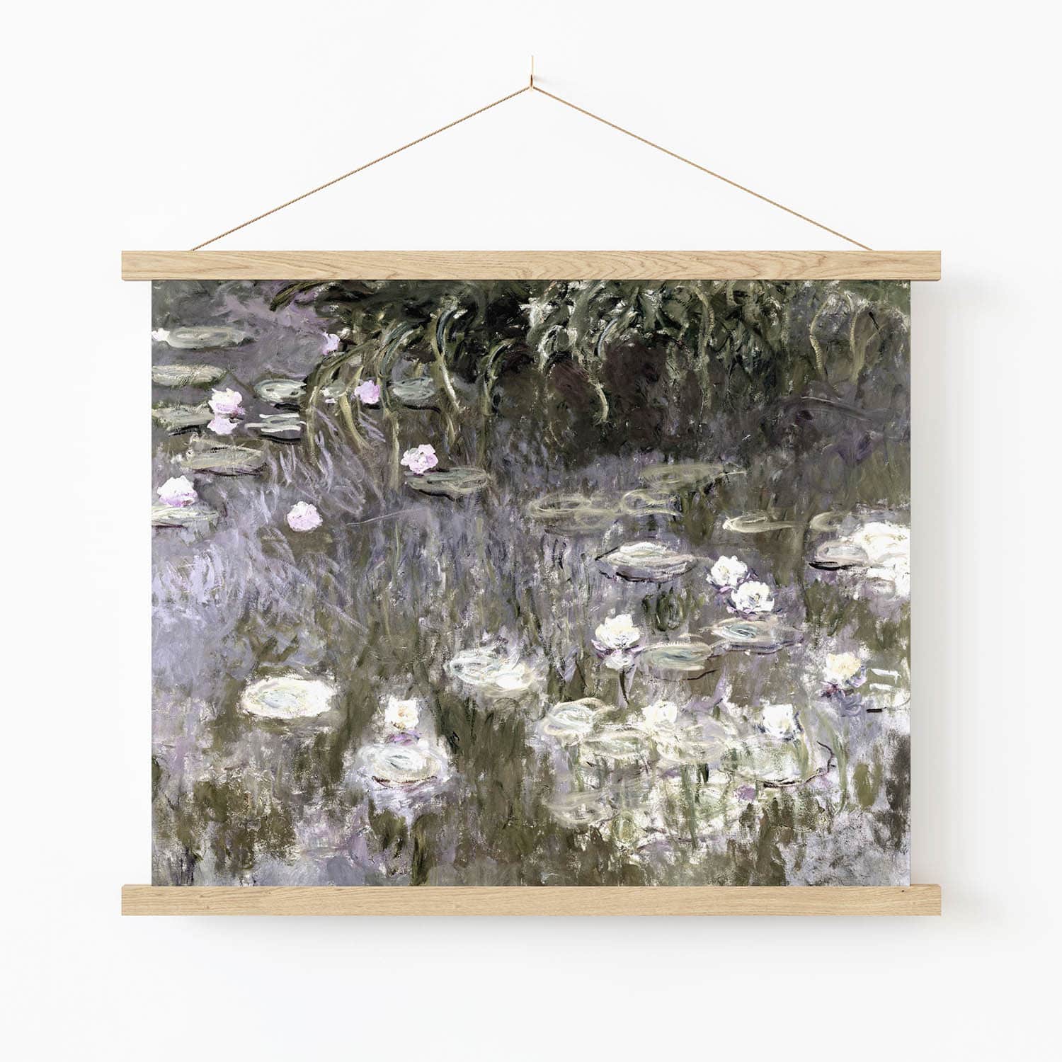 White Lilies on a Pond Art Print in Wood Hanger Frame on Wall