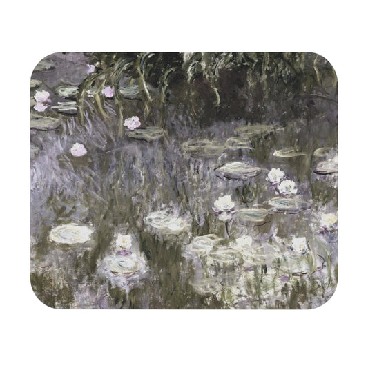 White Lilies on a Pond Mouse Pad with Claude Monet art, desk and office decor featuring serene lily pond paintings.